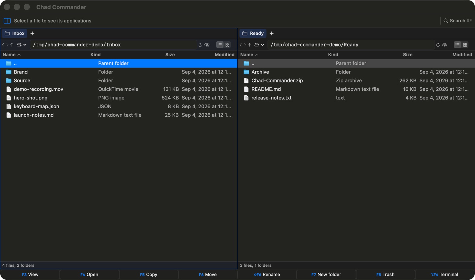 Chad Commander showing two file panes, tabs, paths, file lists, and its function-key command bar